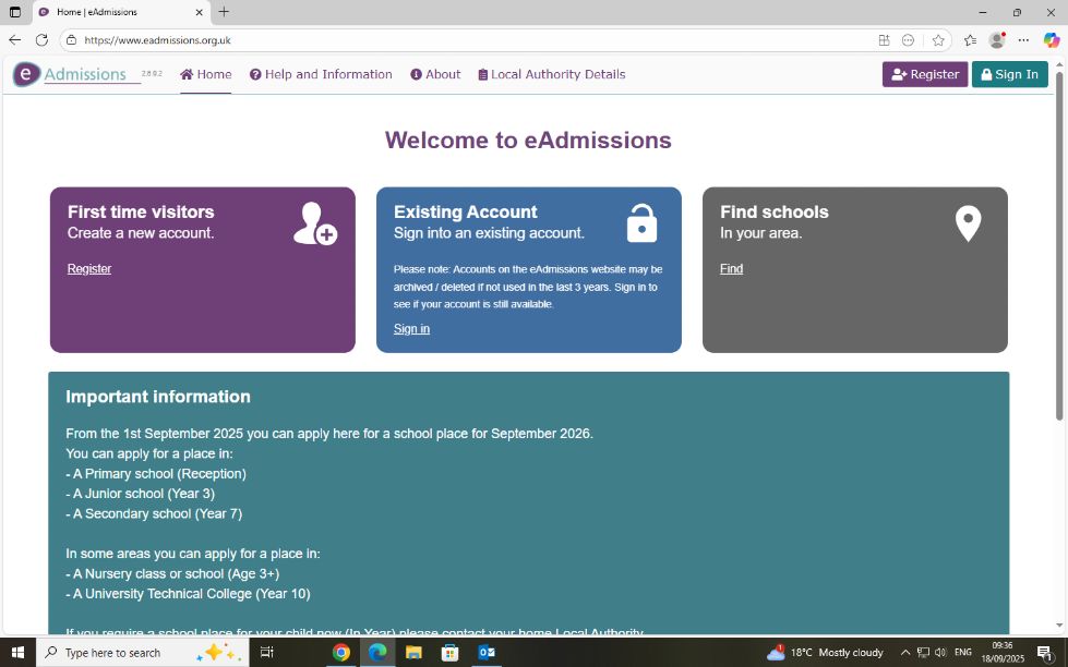 screengrab  and link for eAdmissions website home page